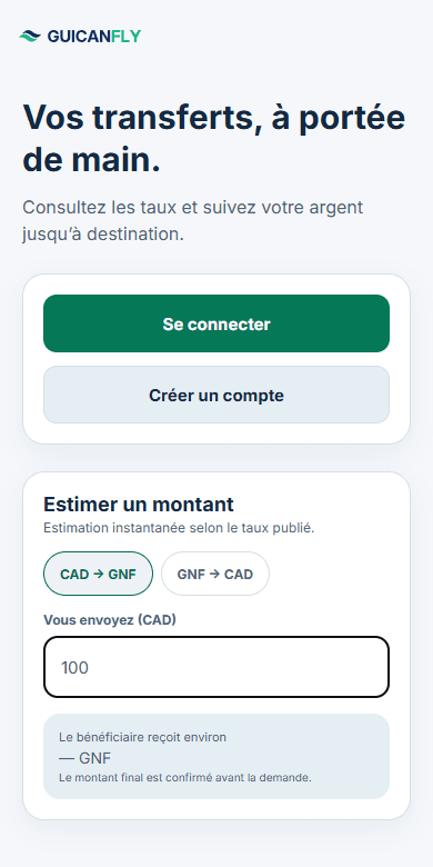 Écran d’accueil réel de l’application cliente GUICANFLY avec son simulateur